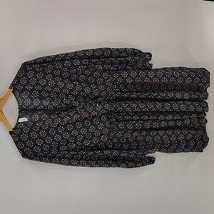 MNG Dress Size Large Faux Wrap Stretch Waist Dark Gray Orange Print